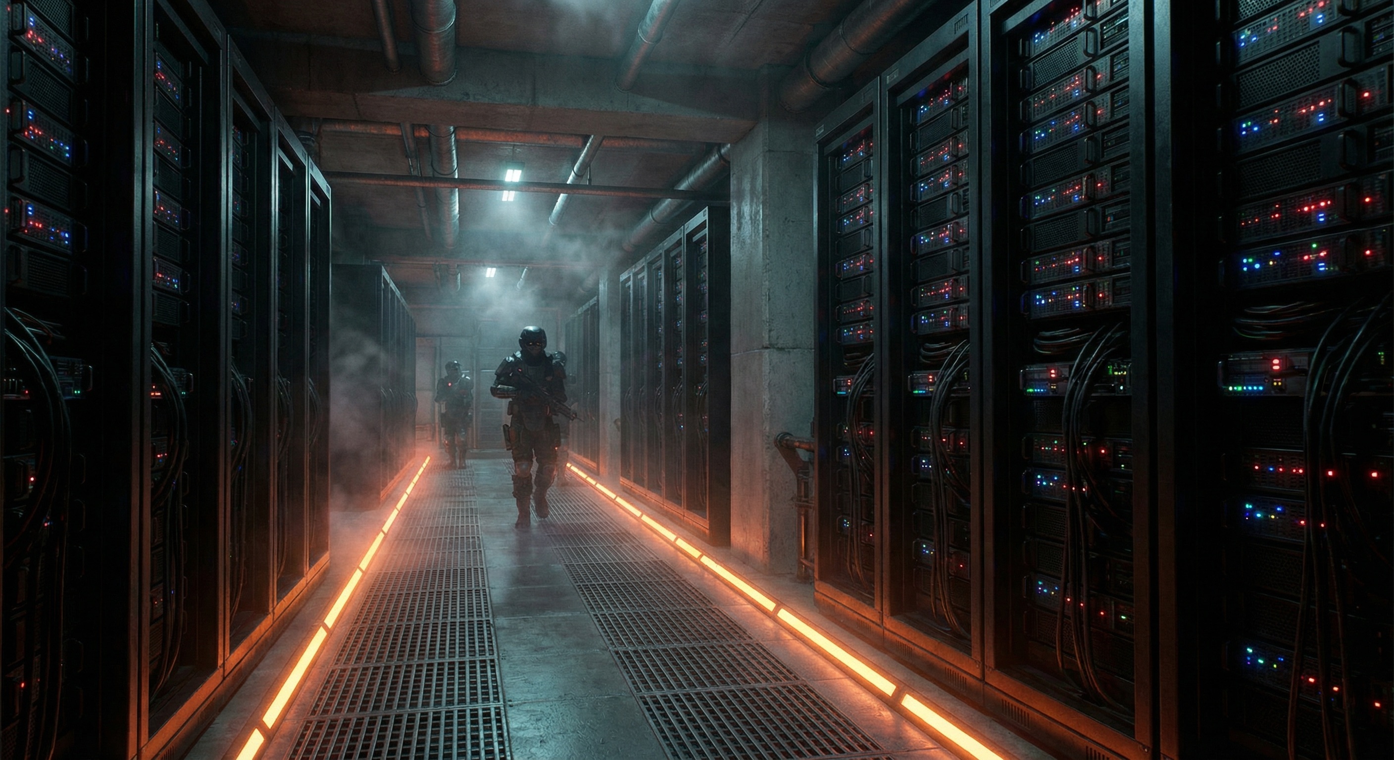 Dark server room corridor
